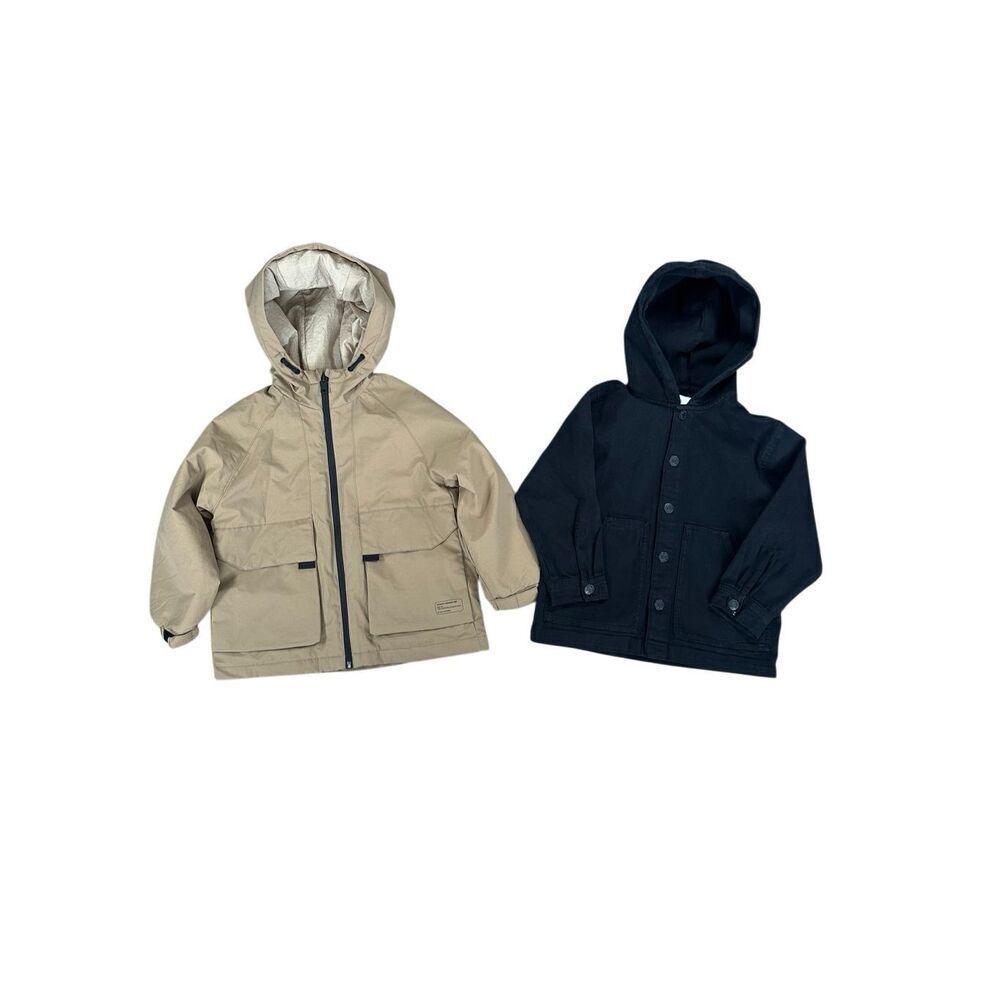 zara unisex kids boys jacket bundle black denim, tan rain jacket hoodies 5-6